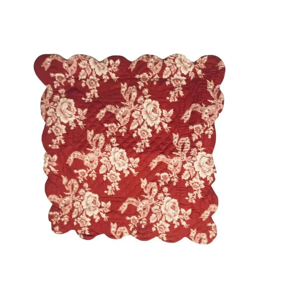 Red Floral Quilted 3 Pillow Shams Cottagecore French Country Scalloped Heloise